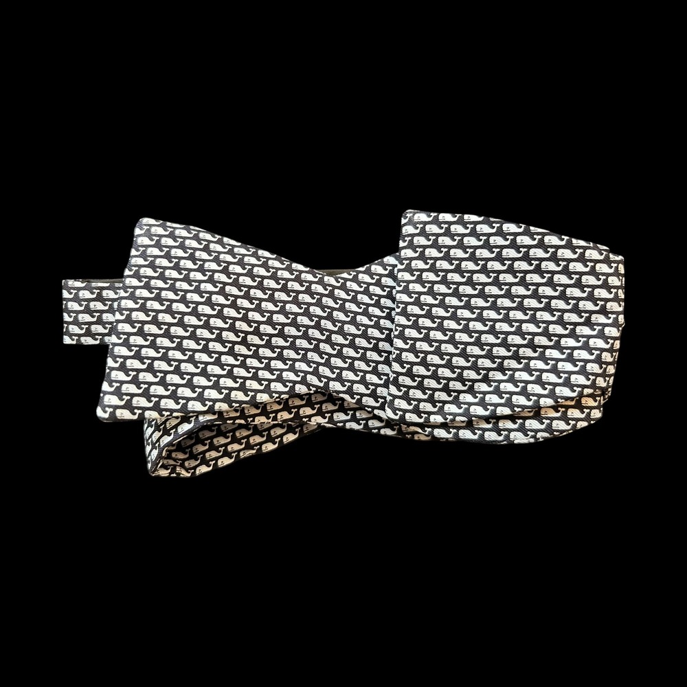 Vineyard Vines Whale Print Silk Bow Tie Black White Adjustable